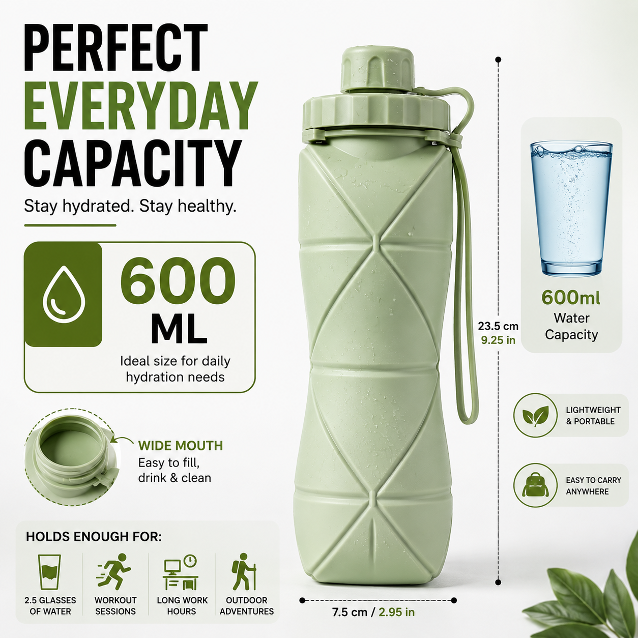 600ml Foldable Silicone Water Bottle