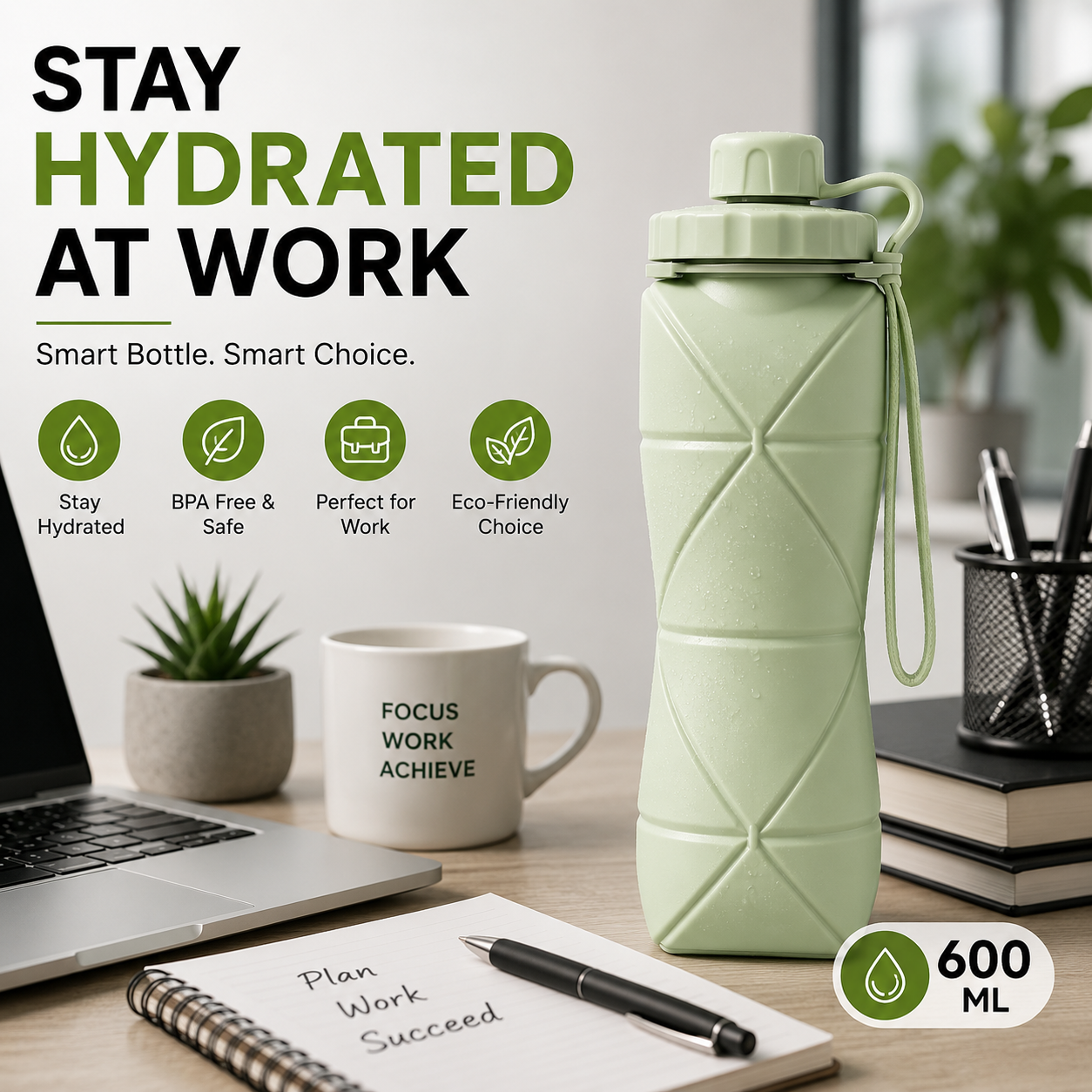 600ml Foldable Silicone Water Bottle