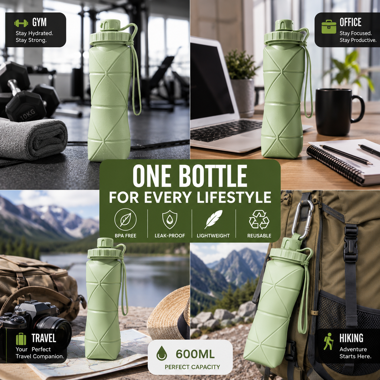 600ml Foldable Silicone Water Bottle